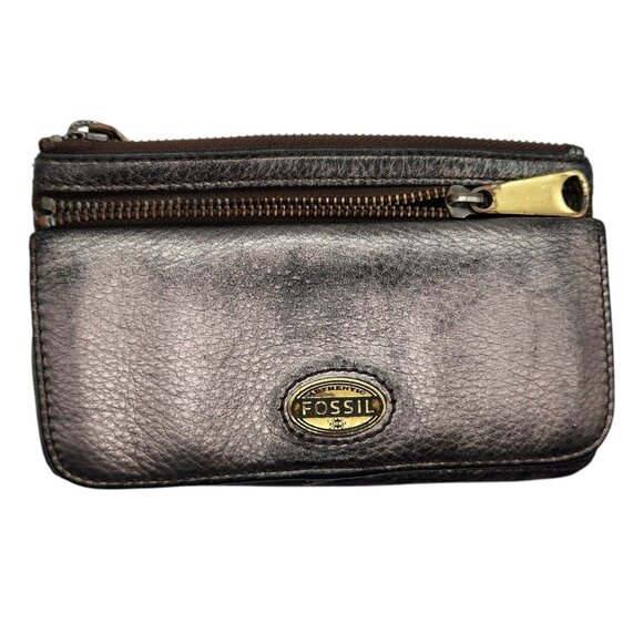 FOSSIL Gunmetal Explorer Flap Clutch Wallet Leather Bi Fold Zip Snap Cards Bills - Picture 3 of 7